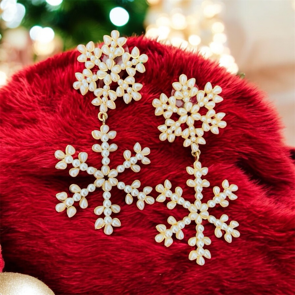Faux Pearl Snowflake Drop Earrings Vintage